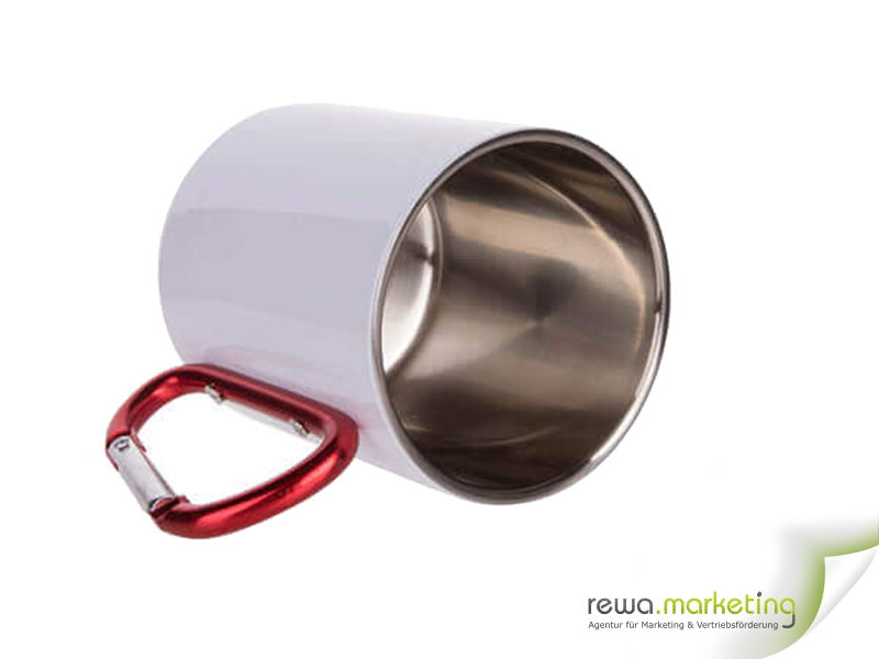 White stainless steel mug with carabiner handle including your own print