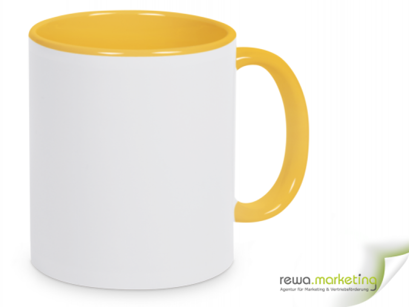 Color- Keramik- Kaffeebecher gelb / weiß inkl. personalisiertem Aufdruck