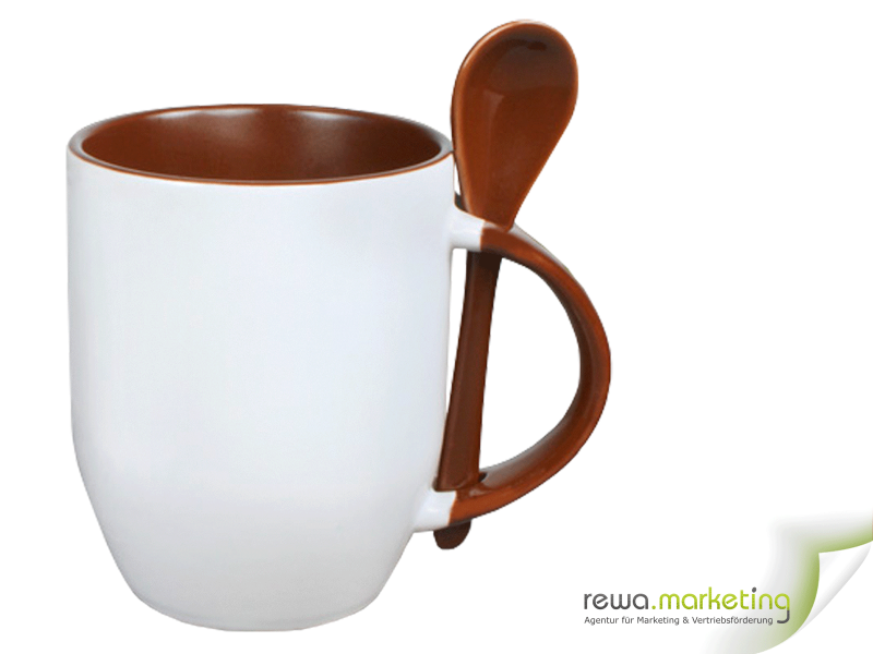 Keramiktasse - Color- Tasse mit Löffel, Innenbereich, Griff und auch der Löffel in Brown, ​inkl. individuellem Wunschaufdruck