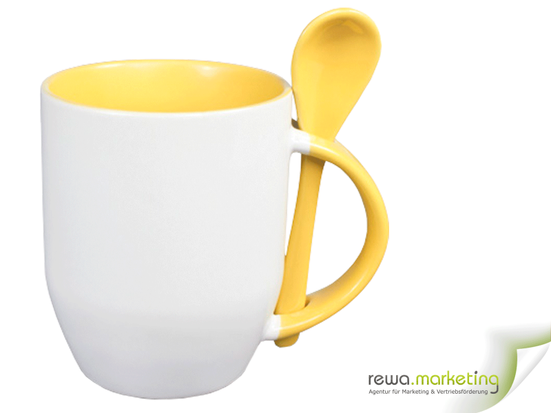 Ceramic mug - color mug with spoon, interior, handle and also the spoon in yellow, incl. individual desired imprint
