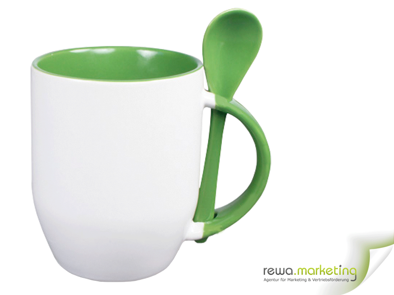 Ceramic mug - color mug with spoon, interior, handle and also the spoon in Green, incl. individual desired imprint