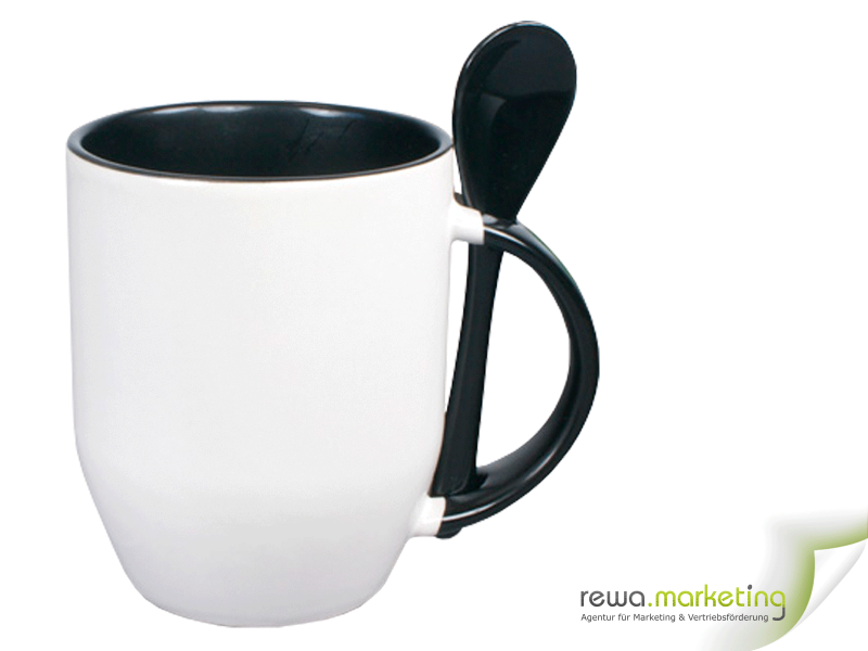 Ceramic mug - color mug with spoon, interior, handle and also the spoon in black, incl. individual desired imprint