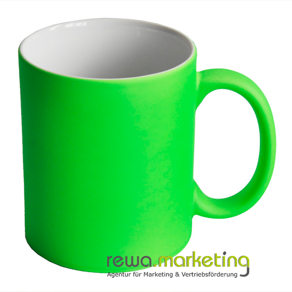 Coffee mug in rich neon green with a matt finish including a print