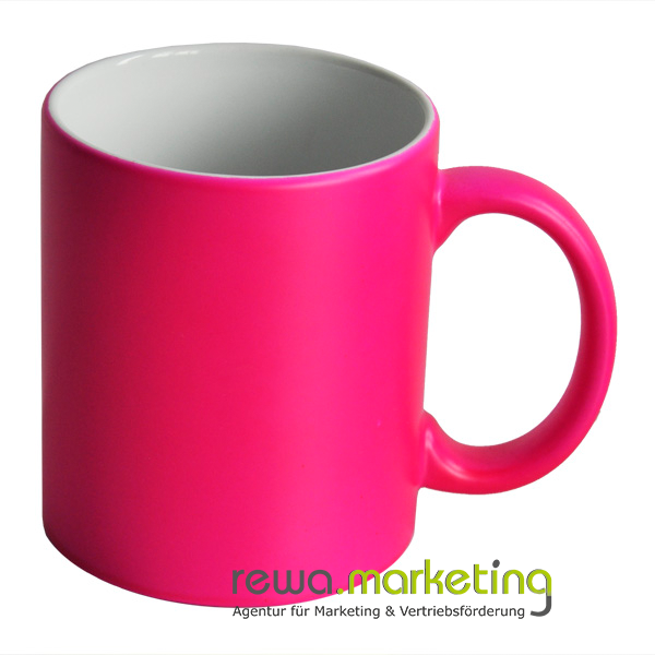 Coffee mug in rich neon pink with a matt finish including a print
