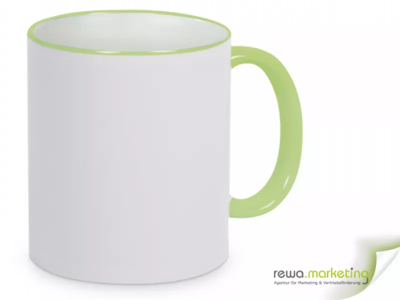 Ring- Keramik- Kaffeebecher hellgrün - weiß inkl. individuellem Aufdruck