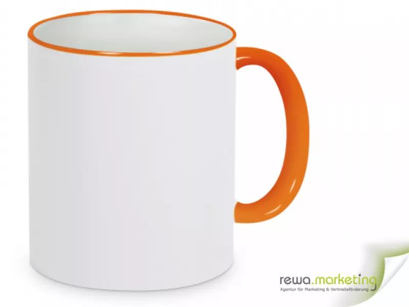 Ring- Keramik- Kaffeebecher orange - weiß inkl. individuellem Aufdruck