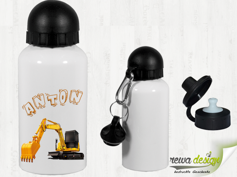 Excavator with desired name 500 ml aluminum drinking bottle with snap hook